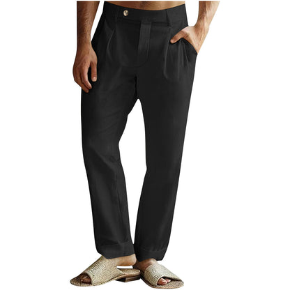 Men's Casual Cotton Linen Pants Pleated Elastic Waist Pants
