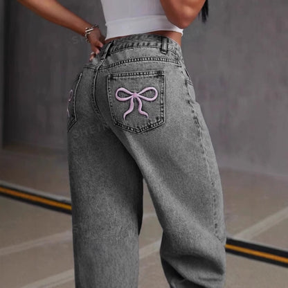 Vintage Bow Embroidered Washed Jeans
