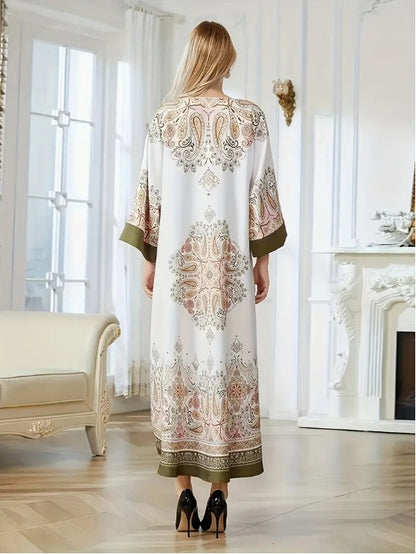 Elegant Floral Print Long Sleeve Abaya Dress