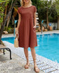 Summer OL Style Women's Solid Color Cotton Round Neck A-line Skirt Mid Length Dress