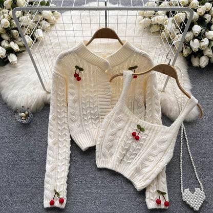 Long Sleeve Knit Sweater Cardigan Jacket Short Style Halter Vest
