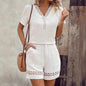 V-neck Stitching Short Sleeve Solid Color Shorts Suit Women