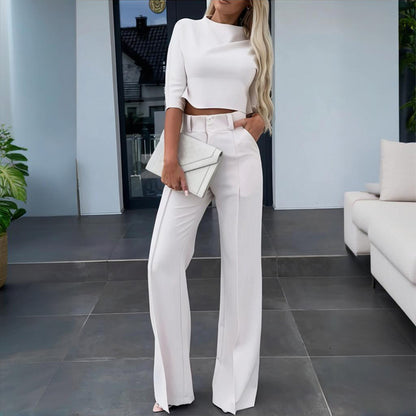 Women's Elegant Solid Color Half Sleeve Short Top With Straight Leg Pants Two-Piece Office Wear Suit With Pockets