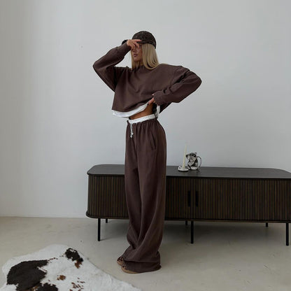 Solid Color Long Sleeve Round Neck False Two Pieces Sweater Suit Women