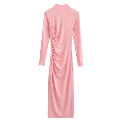 Women's Fashion Pure Color Half Collar Slim-fit Long-sleeved Dress