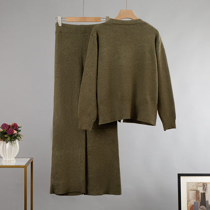 V-neck Cardigan Sweater Wide-leg Pants Suit