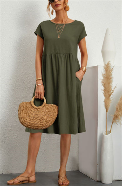 Summer OL Style Women's Solid Color Cotton Round Neck A-line Skirt Mid Length Dress