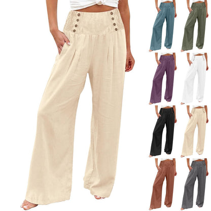Spring And Summer Casual Elastic Waist High Waisted Women's Wide Leg Cotton Linen Loose Pants