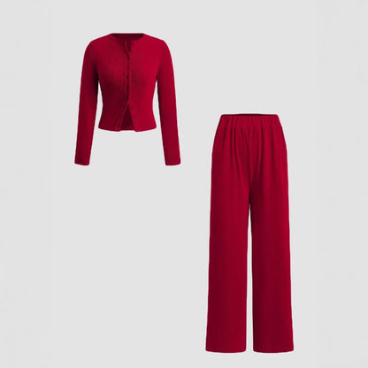 Casual Slim-fit Buttoned Long Sleeve Wide Leg Pants Suit