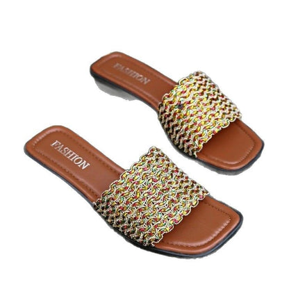 Plus Size Color Woven Slippers Female Square Toe Flat
