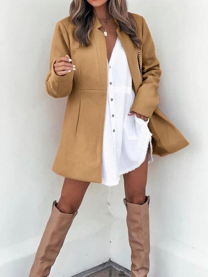 Clean Color Slim Long Sleeve Pocket Woolen Women's Coat