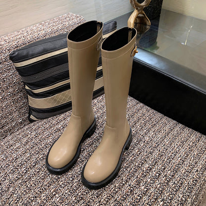 Gold Buckle Plus Velvet Thick Round Toe Thick-soled Thick Heel Long High Barrel Knight Boots