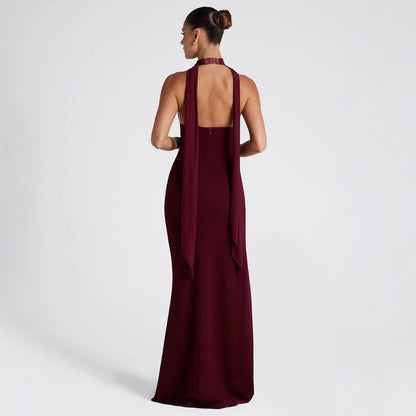 Women's Sexy Halter Deep V Lace-up Backless High-cut Split Solid Color Dress