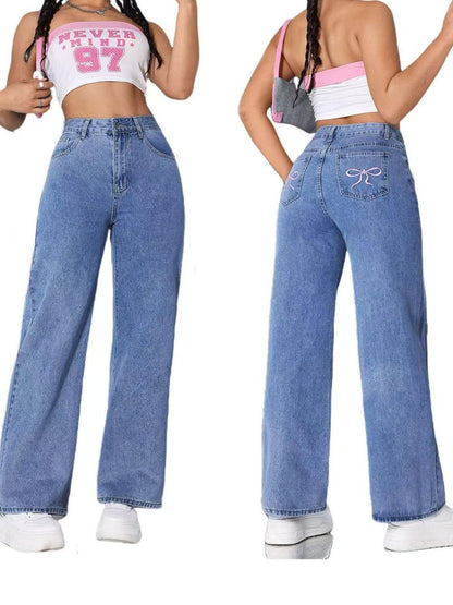 Vintage Bow Embroidered Washed Jeans