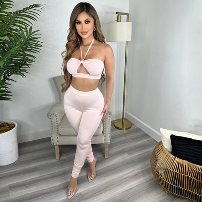 Women's Skinny Cutout Tie Two Piece Pant Set