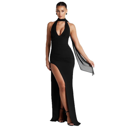 Women's Sexy Halter Deep V Lace-up Backless High-cut Split Solid Color Dress