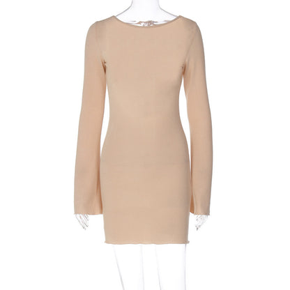 Solid Color Ribbed Long Sleeve Sexy Backless Slim Fit Dress