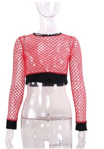 Fit High Waist Hollow-out See-through Fishnet Navel T-shirt Wear Women