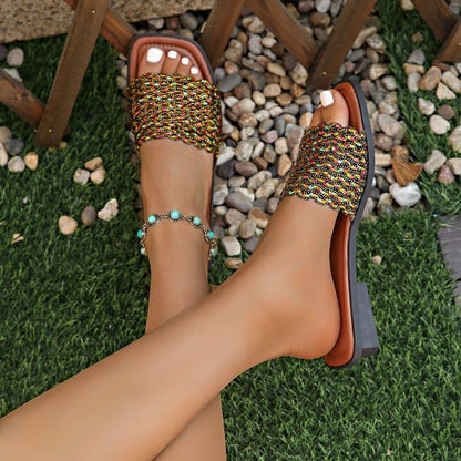 Plus Size Color Woven Slippers Female Square Toe Flat