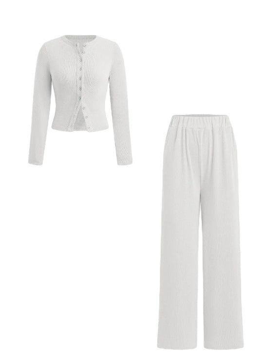 Casual Slim-fit Buttoned Long Sleeve Wide Leg Pants Suit