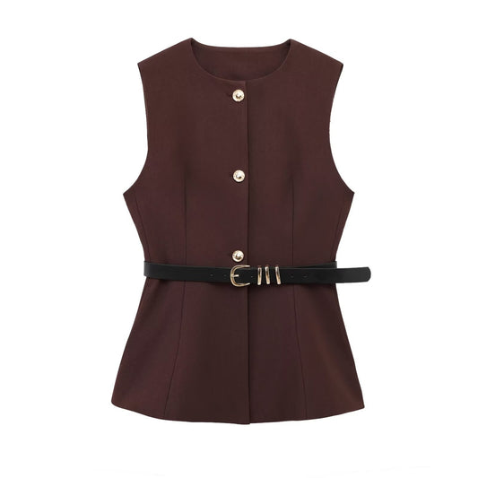 Belt Simple Sleeveless Shirt Bandage Dress Waist-tight Vest