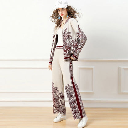 Qin Knit Cardigan Sweater Fashion Wide-leg Pants Two-piece Suit