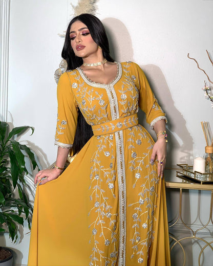 Women's Middle East Hot Fix Rhinestone Kraft Tan Robe Gown