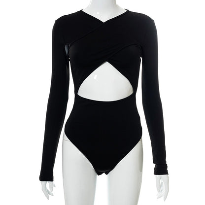Pure Color Cross-cut Long-sleeved Cut-waist Slim-fit Bodysuit