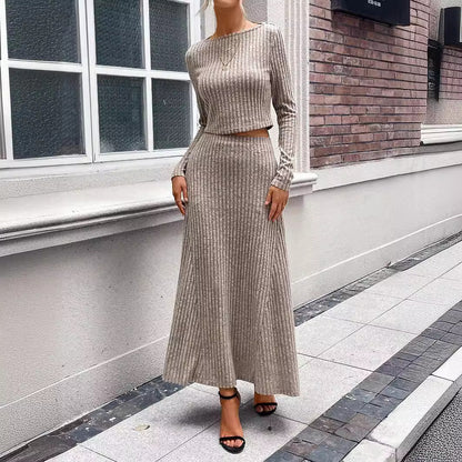 Skinny Inner Match Sunken Stripe Long Sleeve Casual Knitting Suit
