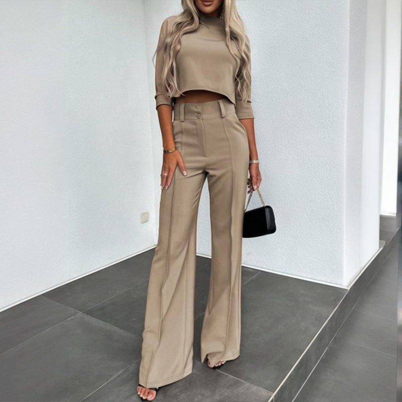Women's Elegant Solid Color Half Sleeve Short Top With Straight Leg Pants Two-Piece Office Wear Suit With Pockets