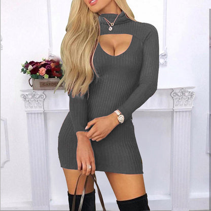Slim-Fit Solid Color High-Neck Long-Sleeved Dress