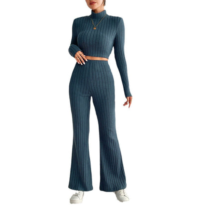 Solid Color Knitted Long Sleeve Turtlenecks Wide Leg High Waist Trousers Suit