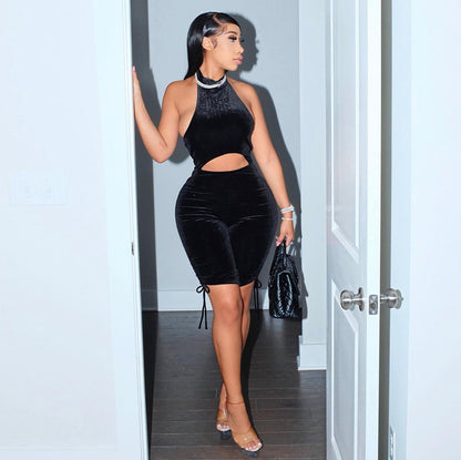 Halter Letters Hot Rhinestone Pleated Bodysuit