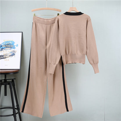 Sweaters Suit V-neck Long-sleeved Cardigan Loose Wide-leg Pants Two-piece Set