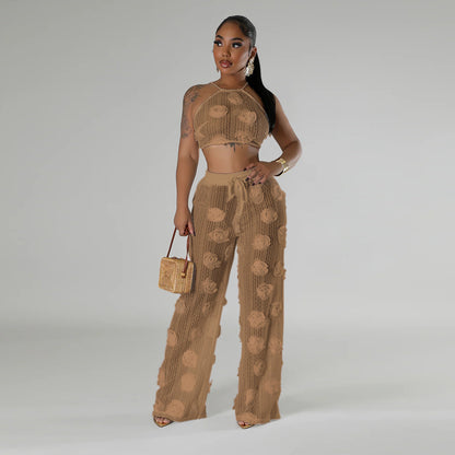 Solid Color See-through Two-piece Set For Women