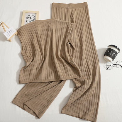 Knitting Suit Solid Color Sleeveless Vest High Waist Wide Leg Pants Two-piece Set