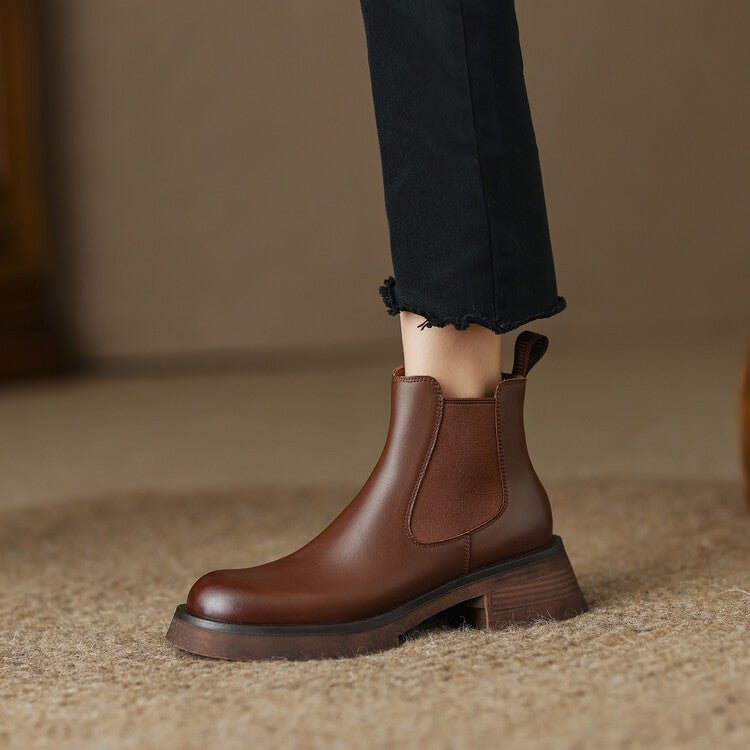 Thick Medium Heel Simple Round Toe Boots