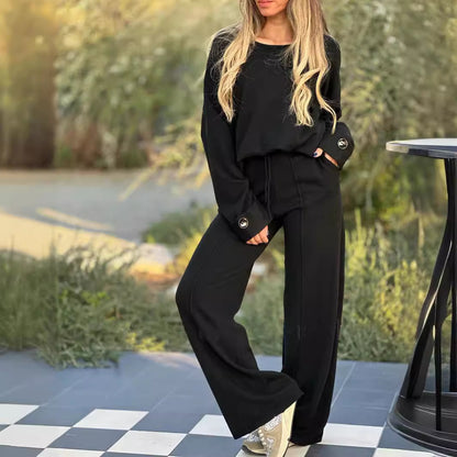 European And American Fashion Casual Set Solid Color Long-sleeve Suit Wide Leg Pants