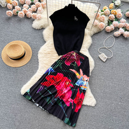 Women's Summer High-end Design Sense Niche Sleeveless Shirt Top Pleated Dress Two-piece Set
