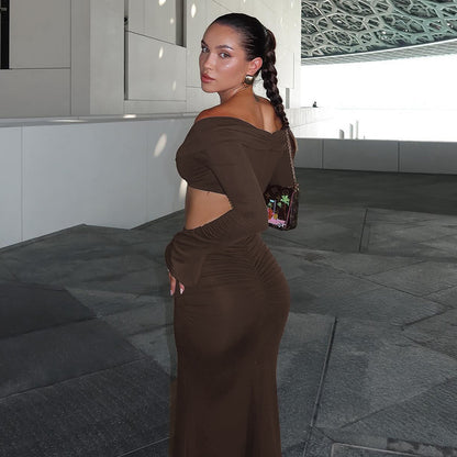 Off-shoulder Midriff-baring Long Sleeve Long Dress Suit