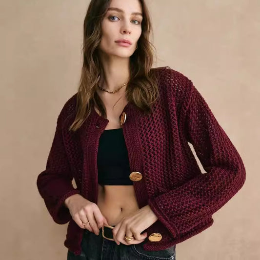 Fashion Round Neck All-matching Basic High-grade Thick Needle Cardigan For Women