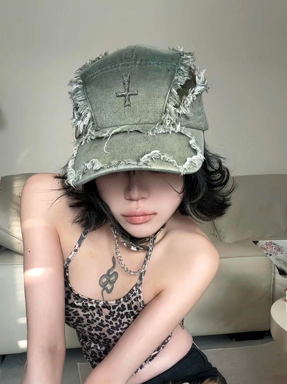 Washed Destroyed Leather Patchwork Denim Cross Baseball Cap